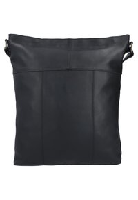 Borsa in pelle nera con una texture liscia, forma rettangolare, apertura superiore e due cinghie laterali. Design semplice con dettagli cuciti.