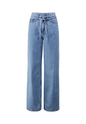 Jeans in denim azzurro chiaro a gamba larga, con vita alta, passanti per la cintura e cordoncino, dettagli di cucitura visibili e vestibilità rilassata.