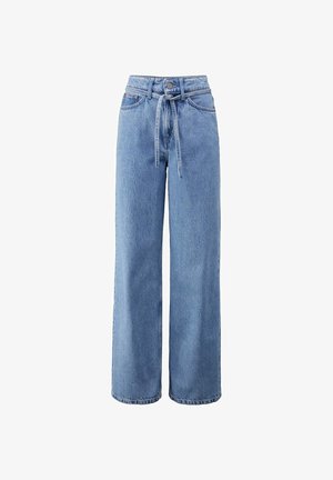 Helle blaue weite Jeans aus Denim, mit hoher Taille, Gürtelschlaufen und einem Kordelzug, sichtbaren Nähten und einer lässigen Passform.