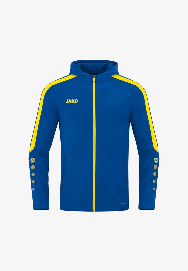Blaue Jacke mit gelben Akzenten, ausgestattet mit einem Reißverschluss, Kapuze und Knopfdetails an den Ärmeln. Hergestellt aus glattem, flexiblem Stoff.