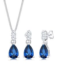 Bluestone-Anhänger mit passender Halskette und Ohrringen. Mit tropfenförmigen blauen Kristallen und silberfarbenen Metallakzenten.