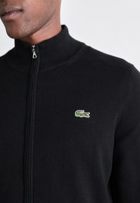 Close-up of a person wearing a black zip-up sweater with a small green crocodile logo on the left chest.