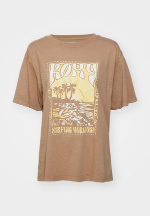 Brown cotton t-shirt with short sleeves, featuring a graphic print of palm trees and waves in yellow and white. Text reads "Roxy Surfing Horizons."