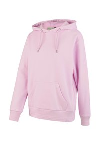 Helle rosa Kapuzenpullover aus weichem Stoff, mit einer Kapuzentasche, Kordelzug und gerippten Bündchen sowie Saum.