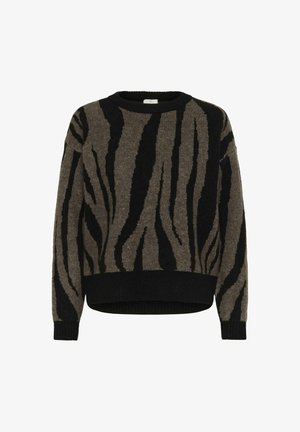 Hnědý a černý svetr se zebřím vzorem, pletený, s dlouhými rukávy a žebrovanými manžetami, lemováním a kulatým výstřihem.