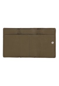 Olivenfarbene Lederbörse mit strukturierten Oberflächen, mehreren Kartenfächern und einem Druckknopfverschluss. Sauberer Nähdetail.