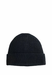 Căciulă tricotată de culoare gri închis, cu o textură cu nervuri. Prezintă un manșon răsucit în partea de jos și un vârf rotunjit. Cusută uniform.