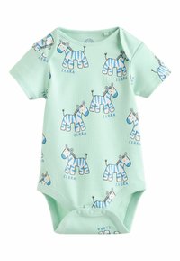 Svetlozelené krátky rukáv body s potlačou karikatúrnych zebier v modrej a bielej farbe. Zapínanie na patentky v spodnej časti pre ľahké obliekanie.