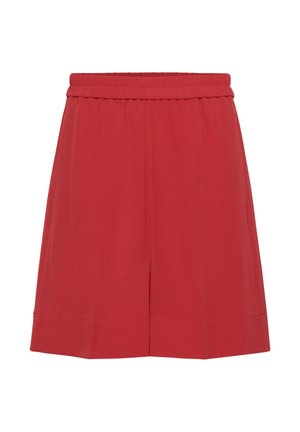 Červené kraťasy do kolien s elastickým pásom a bočnými vreckami, vyrobené z hladkej látky so širokým lemom dole.