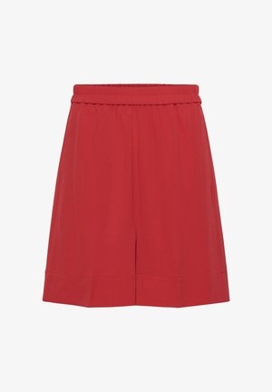 Shorts rouges mi-genoux avec taille élastique et poches latérales, fabriqués en tissu lisse avec un large ourlet en bas.
