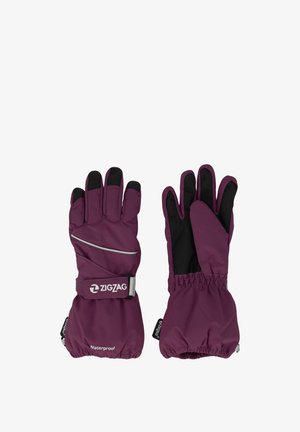 Gants imperméables de couleur violet foncé avec des accents noirs. Caractéristiques : poignets élastiques, bande réfléchissante et design ergonomique des doigts.