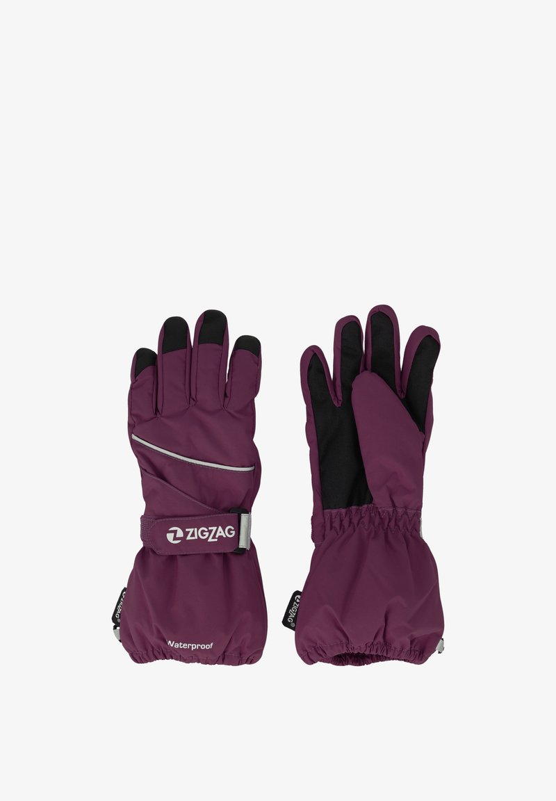 Waterdichte handschoenen in donkerpaars met zwarte accenten. Voorzien van elastische manchetten, een reflecterende strip en een ergonomisch vingerontwerp.