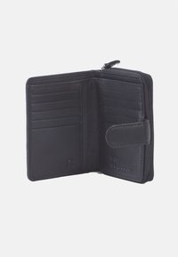Black leather wallet with multiple card slots, zip closure, and RFID protection. Features embossed text: "Today is a good day."