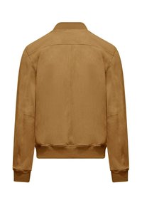 Giacca in suede marrone con colletto e polsini a coste. Presenta un design semplice e liscio e una schiena pulita e priva di decorazioni.