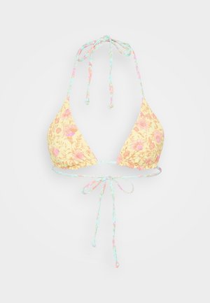 Haut de bikini triangulaire avec un motif floral jaune, des liens bleu pastel et des bretelles ajustables. Présente un tissu froncé pour un ajustement confortable.