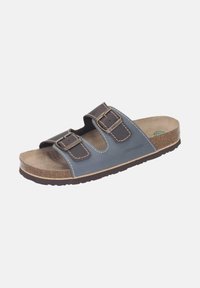 Open-toe sandaal met blauwe leren banden, twee verstelbare bruine gespen, kurken voetbed en donker rubberen zool, van het merk Dr. Brinkmann.