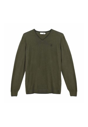 Pull vert olive à manches longues avec col en V, poignets et ourlet côtelés, comportant un petit logo brodé sur le côté gauche de la poitrine.