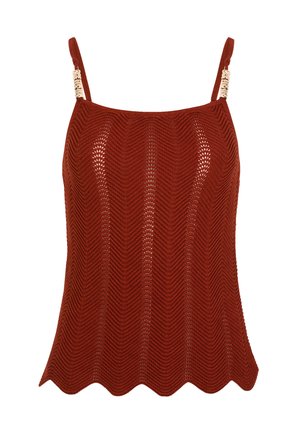 Striktrøje uden ærmer i rustfarve med tynde stropper med gyldne dekorative detaljer og bølget kant.