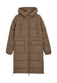 Długa, kapturowa, brązowa kurtka puchowa z pikowanym wzorem. Ma dwie pionowe kieszenie na piersi oraz dwie duże kieszenie z przodu. Zamek błyskawiczny.