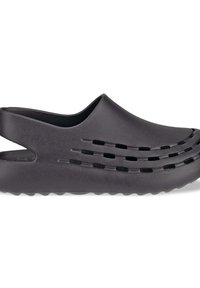 Schwarze, geformte Clogs mit einer glatten Textur, offenem Rücken und seitlichen Belüftungsschlitzen. Sie verfügen über eine konturierte Form und eine geriffelte Sohle für guten Halt.