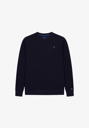 Marineblau gestrickter Pullover mit langen Ärmeln, Rundhalsausschnitt, strukturiertem Stoff, mit einem kleinen goldenen Logo auf der Brust und goldenen Akzenten am Ärmel.