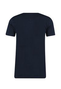 Eenvoudig donker marineblauwe t-shirt met korte mouwen, weergegeven van achteren, met een ronde halslijn en zonder zichtbare logo's of patronen.