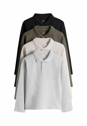 Fire langærmede polo-trøjer i lysegrå, beige, olivengrøn og sort, stablet lodret på hvid baggrund.