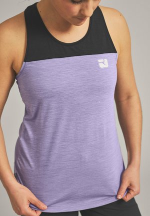 Purple athletic tank top with a black panel across the shoulders, a smooth texture, and a small white logo on the chest.