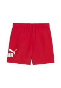 Bermudas deportivas rojas con una cintura elástica, que presentan un logo blanco de Puma en el lado izquierdo y una textura de tela suave.