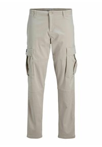 Beige cargobukser med midjebånd og knappelukking foran. Har sidelommer, sømdetaljer og rett bendesign.
