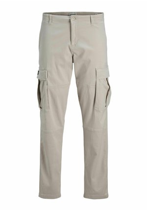 Beige cargobroek met een tailleband en een sluiting aan de voorkant met een knoop. Voorzien van zijzakken, gestikte details en een rechte pijp.