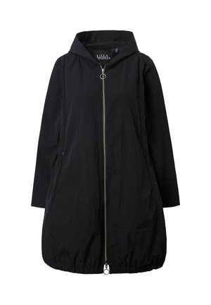 Schwarzer langer Kapuzenmantel mit doppellagigem Reißverschluss vorne und elastischem Saum, entworfen für Frauen.