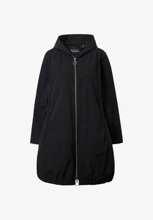 Schwarzer langer Kapuzenmantel mit doppellagigem Reißverschluss vorne und elastischem Saum, entworfen für Frauen.
