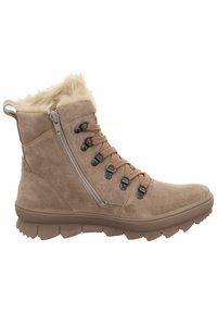 Botas tobilleras marrones de material de ante, con cuello de pelo sintético, cordones en la parte delantera, cremallera lateral y una suela de goma texturizada que proporciona tracción.