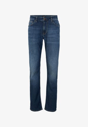 Donkerblauwe denim jeans met een rechte snit, voorzien van een knoopsluiting, vijf zakken en subtiele vervaging over de stof.