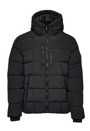 Veste doudoune noire avec un design matelassé, une capuche, deux poches zippées à l'avant et des poignets côtelés. Texture lisse avec des cordons de serrage ajustables.