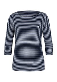 Navy and white striped long-sleeve shirt with a boat neckline and a small logo on the chest. Made of soft, stretchy fabric.