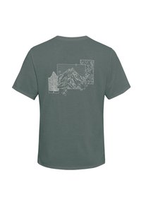 T-shirt vert à manches courtes avec un dessin blanc représentant une montagne, une feuille et des formes abstraites au dos, fabriqué en tissu doux.