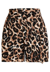 Pantalones cortos de estampado de leopardo con cintura alta, cinturón ceñido, pliegues y una mezcla de colores marrón, negro y crema sobre una tela suave.