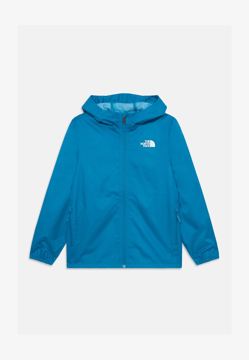 Blue waterproof jacket with a hood, full zip, elastic cuffs, and logo on the left chest. Smooth texture and lightweight design.