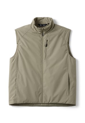 Smanicato imbottito beige chiaro senza maniche, con collo alto, cerniera frontale e tasca sul petto con zip, disposto piatto su sfondo bianco.