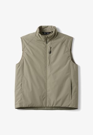 Smanicato imbottito beige chiaro senza maniche, con collo alto, cerniera frontale e tasca sul petto con zip, disposto piatto su sfondo bianco.