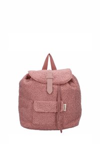 Lyserød, fluffy rygsæk med en tekstureret overflade, rund form, fold-over låg, frontlomme og snørre lukning. Justerbar top-håndtag.