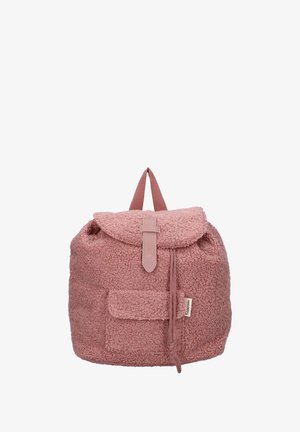 Rosa, flauschiger Rucksack mit strukturiertem Oberflächen, runder Form, Klappenverschluss, Fronttasche und Kordelzugverschluss. Verstellbarer Tragegriff.