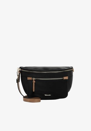 Borsa nera a forma curva, realizzata in materiale liscio. Presenta accessori dorati, due zip e dettagli in pelle di colore più chiaro.