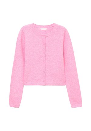 Cardigan tricoté rose clair avec encolure arrondie, manches longues et fermeture par boutons. Dispose de poignets et d'un ourlet côtelés.