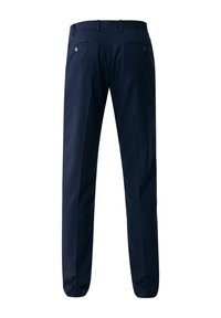 Mörkblå dressbyxor i slätt tyg, med en skräddarsydd passform, två bakfickor med knappar och raka ben.