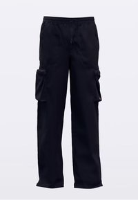 Melnas darba bikses ar elastīgu jostasvietu, divām sānu kabatām un divām lielām augšstilba kabatām. Izgatavotas no gludas, vieglas auduma.