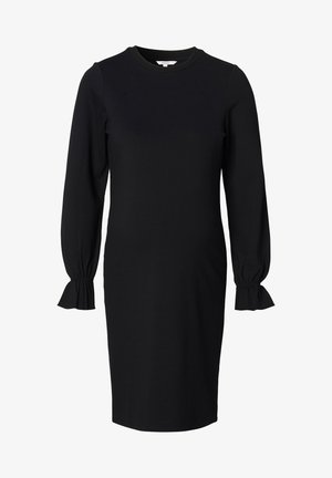 Schwarzes langärmliges Kleid aus Jersey-Stoff, mit Rundhalsausschnitt, taillierter Form und Rüschensäumen an den Ärmeln.