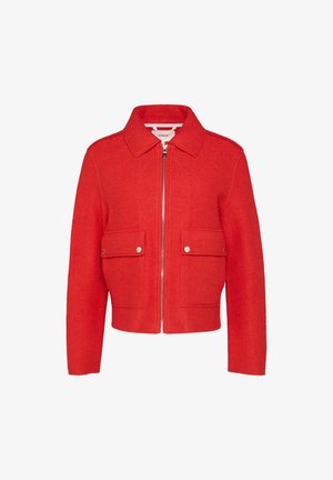 Rode wolmix jas met een kraag, voorritssluiting, twee opgestikte zakken en een cropped silhouet.